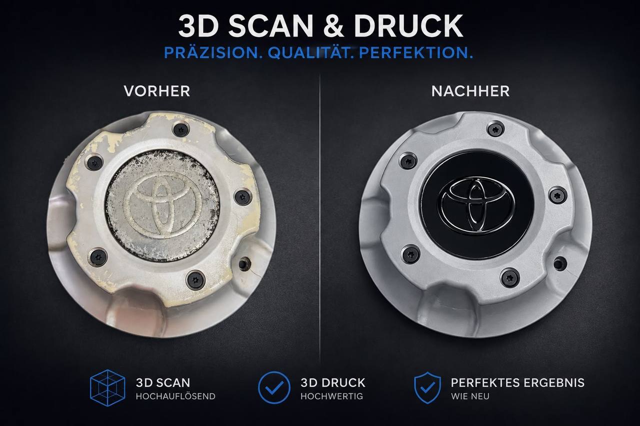 Vorher-Nachher: korrodierter Toyota-Radnabendeckel, per 3D-Scan und 3D-Druck wie neu gefertigt